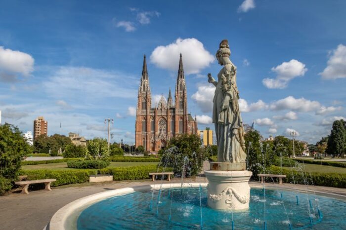 La Plata Cathedral and Plaza Moreno Fountain La Plata Buenos Aires Province Argentina